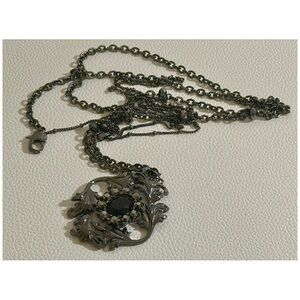 Victorian Gunmetal Filigree Statement Necklace • Black Glass Pendant • Gothic